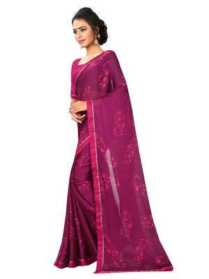 Purple printed chiffon saree with blouse 2