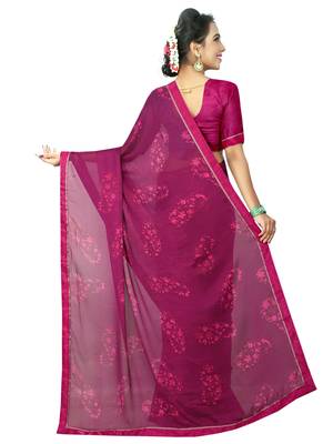 Purple printed chiffon saree with blouse 3