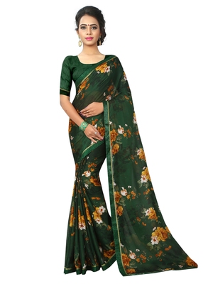 Women's Chiffon Green Printed Designer Saree With Blouse Piece