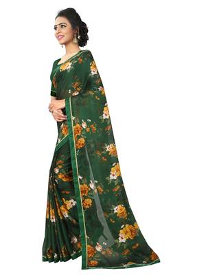 Green Printed Chiffon Saree With Blouse 2