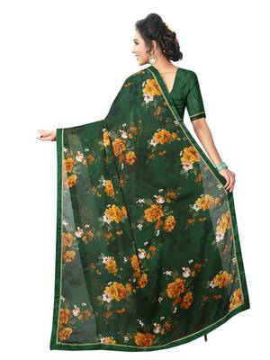 Green Printed Chiffon Saree With Blouse 3
