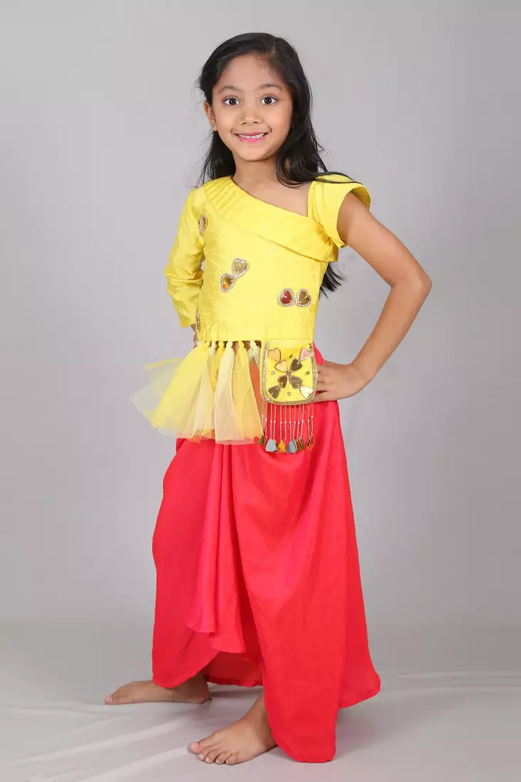 Yellow embroidered cotton silk kids-tops