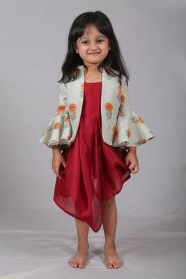 Maroon printed chanderi kids-tops 1
