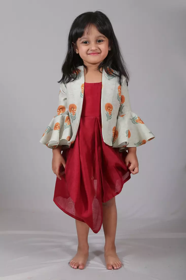 Maroon printed chanderi kids-tops