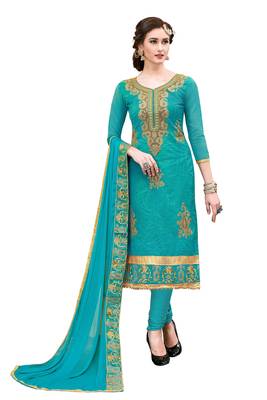 Turquoise embroidered Party Wear Hand Work chanderi salwar Suit Dupatta With Inner 1
