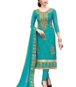 Turquoise embroidered Party Wear Hand Work chanderi salwar Suit Dupatta With Inner
