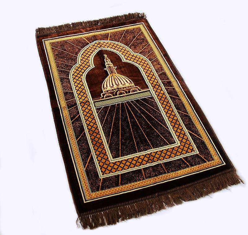 Islamic Muslim Janamaz Musallah Prayer Mat Rug Gold Coffee Masjid