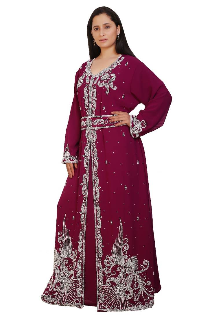 Magenta Georgette Embroidered Stone Work Islamic Kaftan