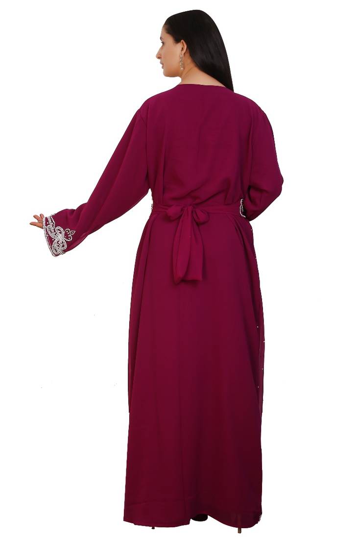 Magenta Georgette Embroidered Stone Work Islamic Kaftan