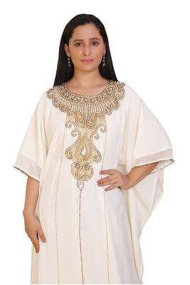 Cream Georgette Embroidered Stone Work Islamic Kaftan 2