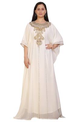 Cream Georgette Embroidered Stone Work Islamic Kaftan 1