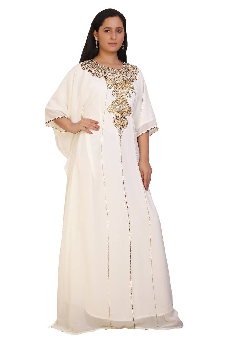 Cream Georgette Embroidered Stone Work Islamic Kaftan