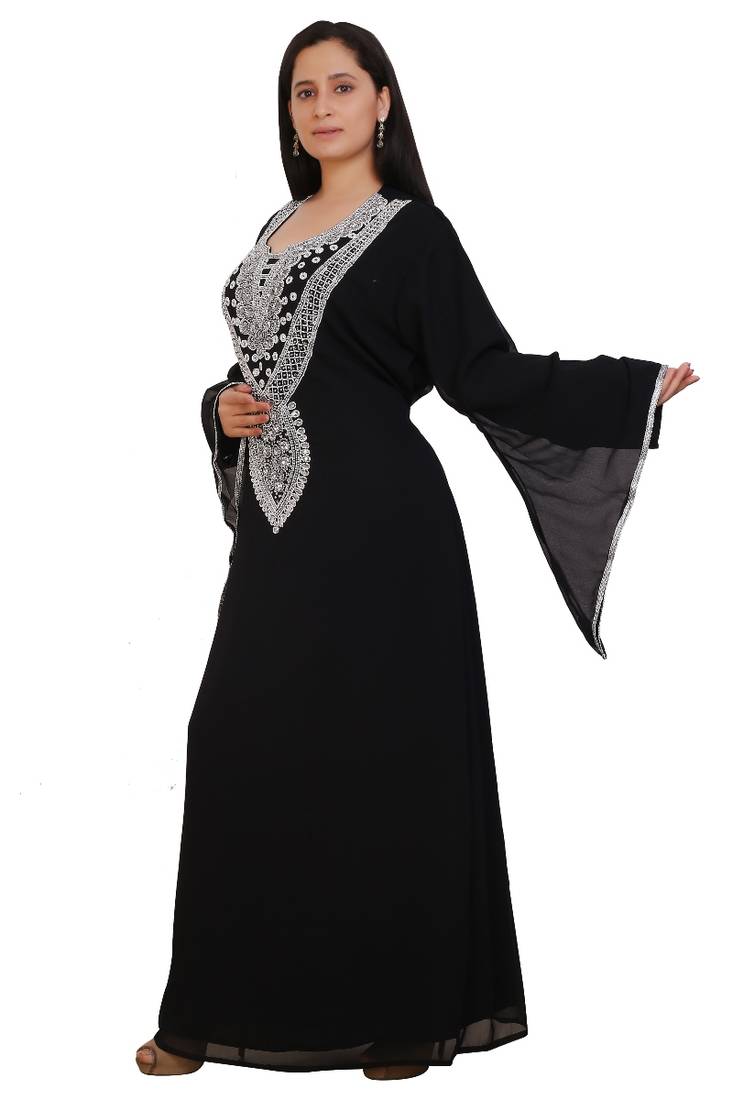 Black Georgette Embroidered Stone Work Islamic Kaftan