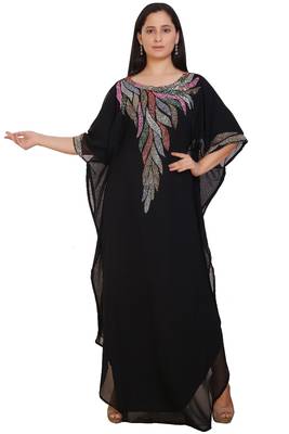 Black Georgette Embroidered Stone Work Islamic Kaftan 1