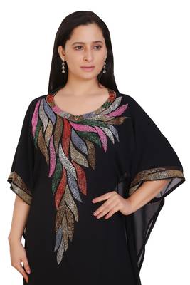 Black Georgette Embroidered Stone Work Islamic Kaftan 4