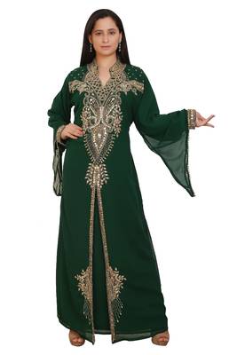 Green Georgette Embroidered Stone Work Islamic Kaftan 1