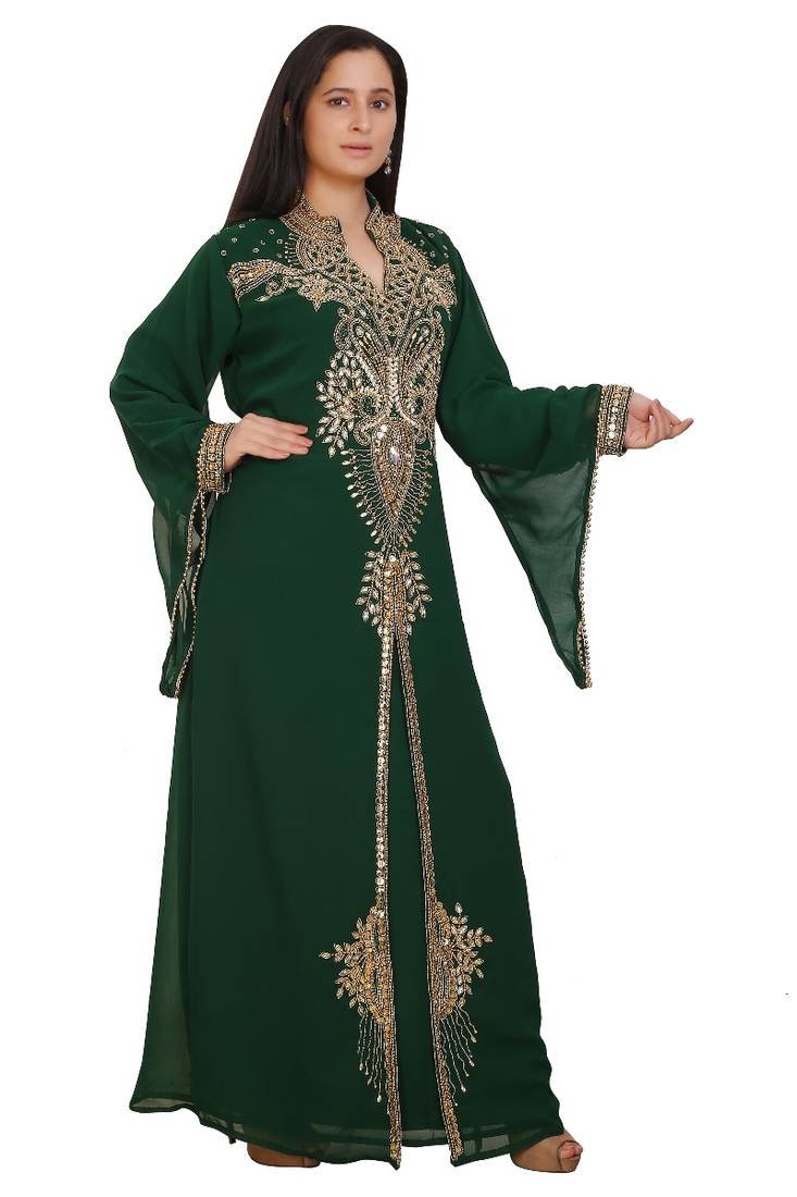 Green Georgette Embroidered Stone Work Islamic Kaftan