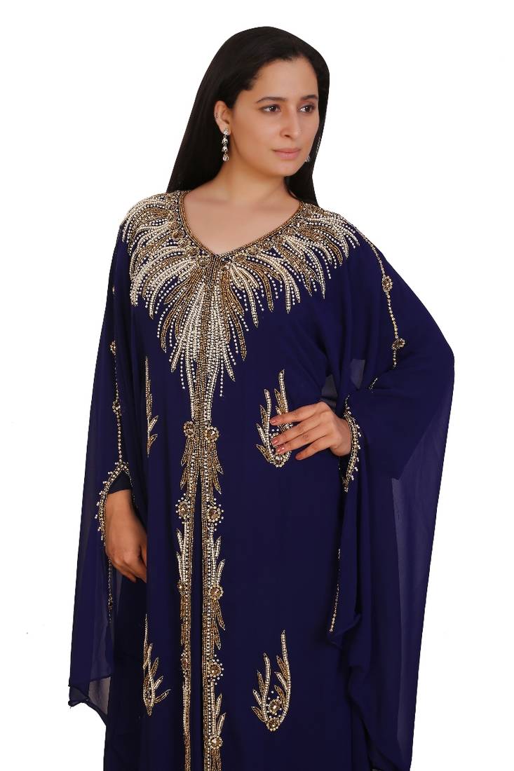 Navy Blue Georgette Embroidered Stone Work Islamic Kaftan