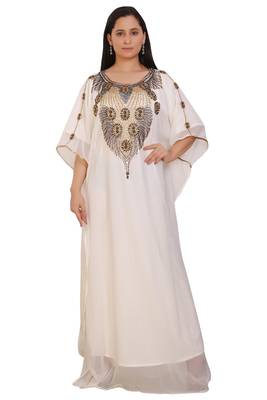 Cream Georgette Embroidered Stone Work Islamic Kaftan 1