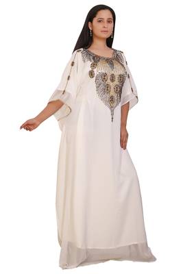 Cream Georgette Embroidered Stone Work Islamic Kaftan 3