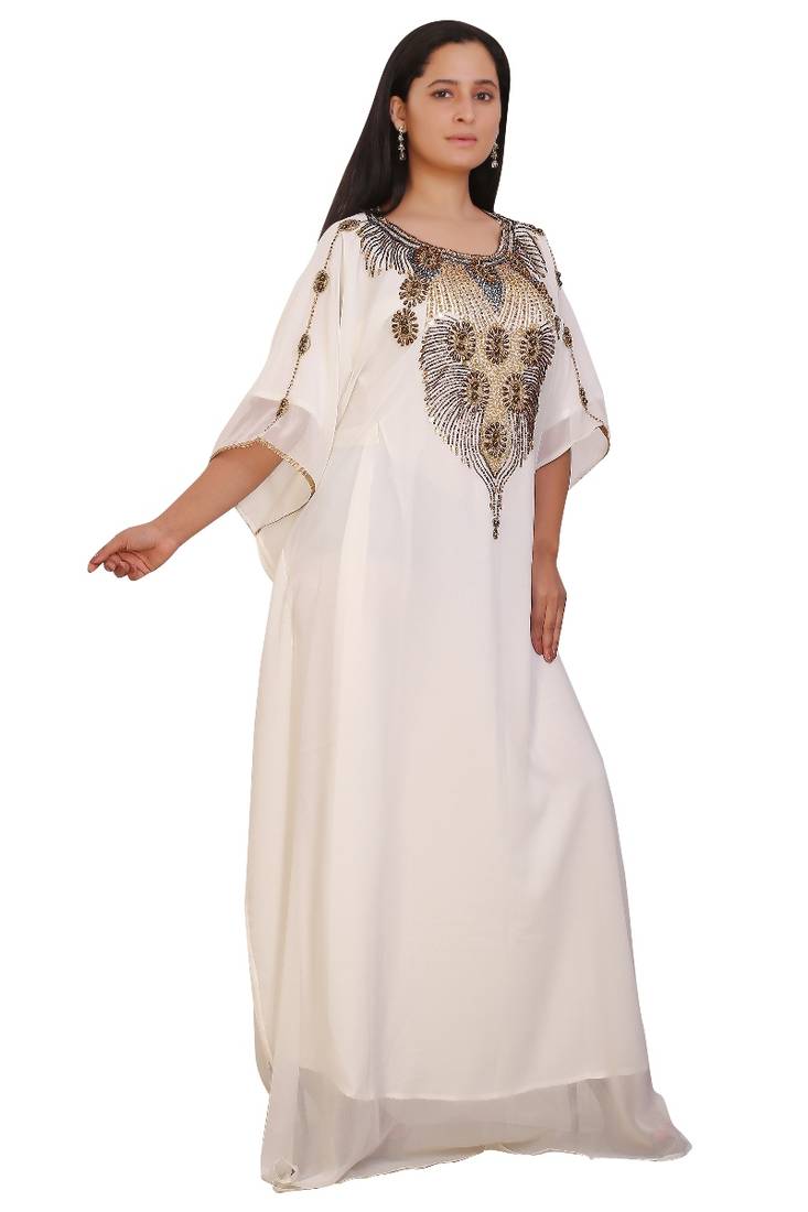 Cream Georgette Embroidered Stone Work Islamic Kaftan