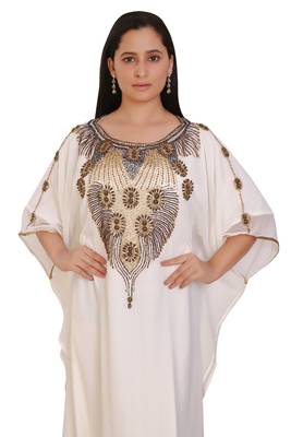 Cream Georgette Embroidered Stone Work Islamic Kaftan 4