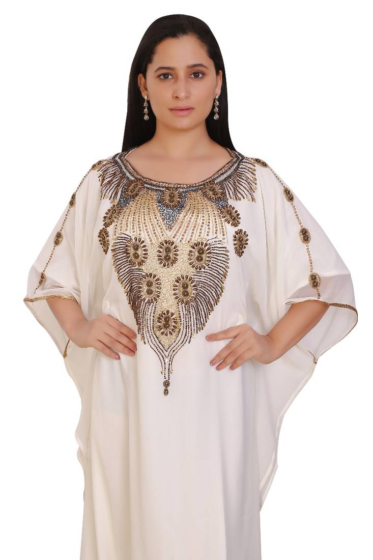 Cream Georgette Embroidered Stone Work Islamic Kaftan