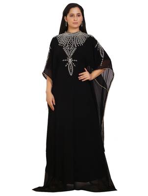 Black Georgette Embroidered Stone Work Islamic Kaftan 1