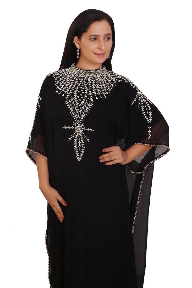 Black Georgette Embroidered Stone Work Islamic Kaftan