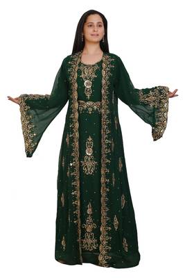 Green Georgette Embroidered Stone Work Islamic Kaftan 1