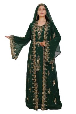Green Georgette Embroidered Stone Work Islamic Kaftan 4