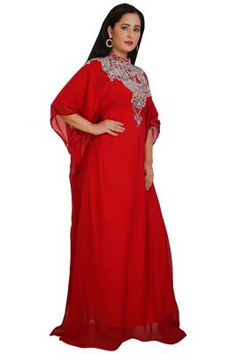 Red Georgette Embroidered Stone Work Islamic Kaftan 3
