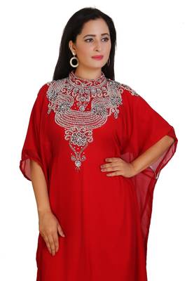 Red Georgette Embroidered Stone Work Islamic Kaftan 4