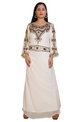 Cream Georgette Embroidered Stone Work Islamic Kaftan 1