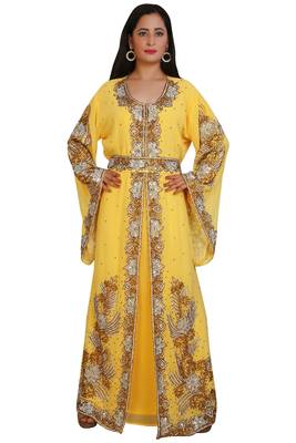 Yellow Georgette Embroidered Stone Work Islamic Kaftan 1