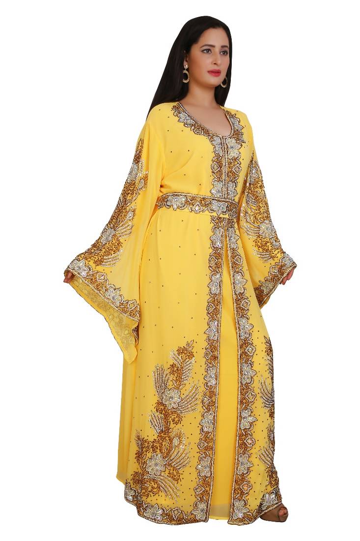 Yellow Georgette Embroidered Stone Work Islamic Kaftan