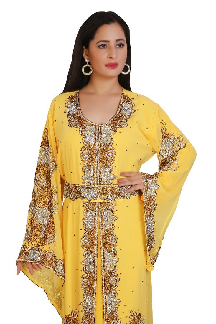 Yellow Georgette Embroidered Stone Work Islamic Kaftan