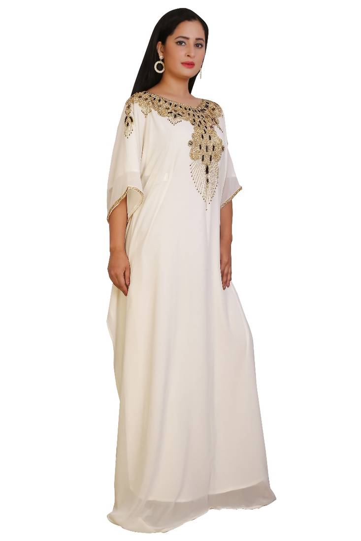 Cream Georgette Embroidered Stone Work Islamic Kaftan