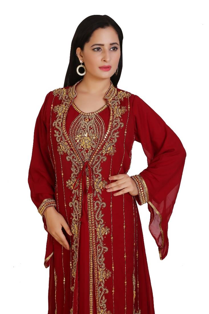 Red Georgette Embroidered Stone Work Islamic Kaftan