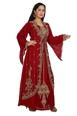 Red Georgette Embroidered Stone Work Islamic Kaftan 4
