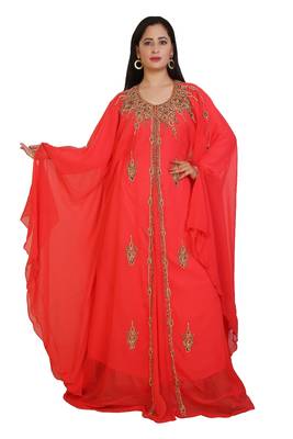 Tomato Georgette Embroidered Stone Work Islamic Kaftan 3