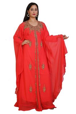 Tomato Georgette Embroidered Stone Work Islamic Kaftan 1
