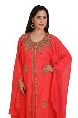 Tomato Georgette Embroidered Stone Work Islamic Kaftan 4