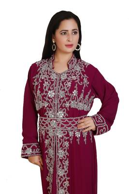 Wine Georgette Embroidered Stone Work Islamic Kaftan 2