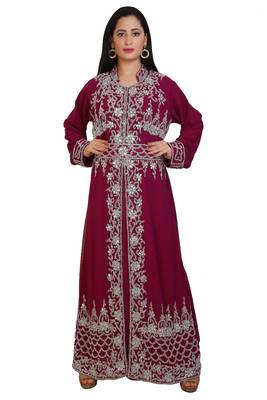 Wine Georgette Embroidered Stone Work Islamic Kaftan 1