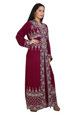 Wine Georgette Embroidered Stone Work Islamic Kaftan 3