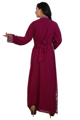 Wine Georgette Embroidered Stone Work Islamic Kaftan 4