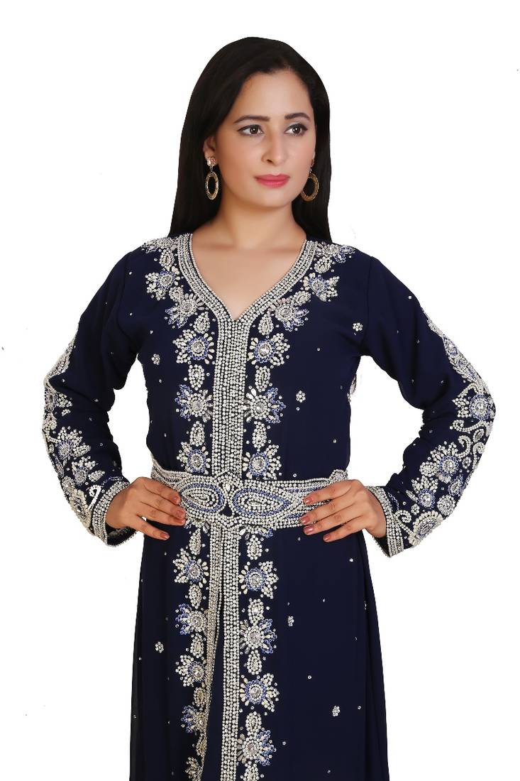 Navy Blue Georgette Embroidered Stone Work Islamic Kaftan