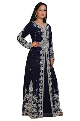 Navy Blue Georgette Embroidered Stone Work Islamic Kaftan 4