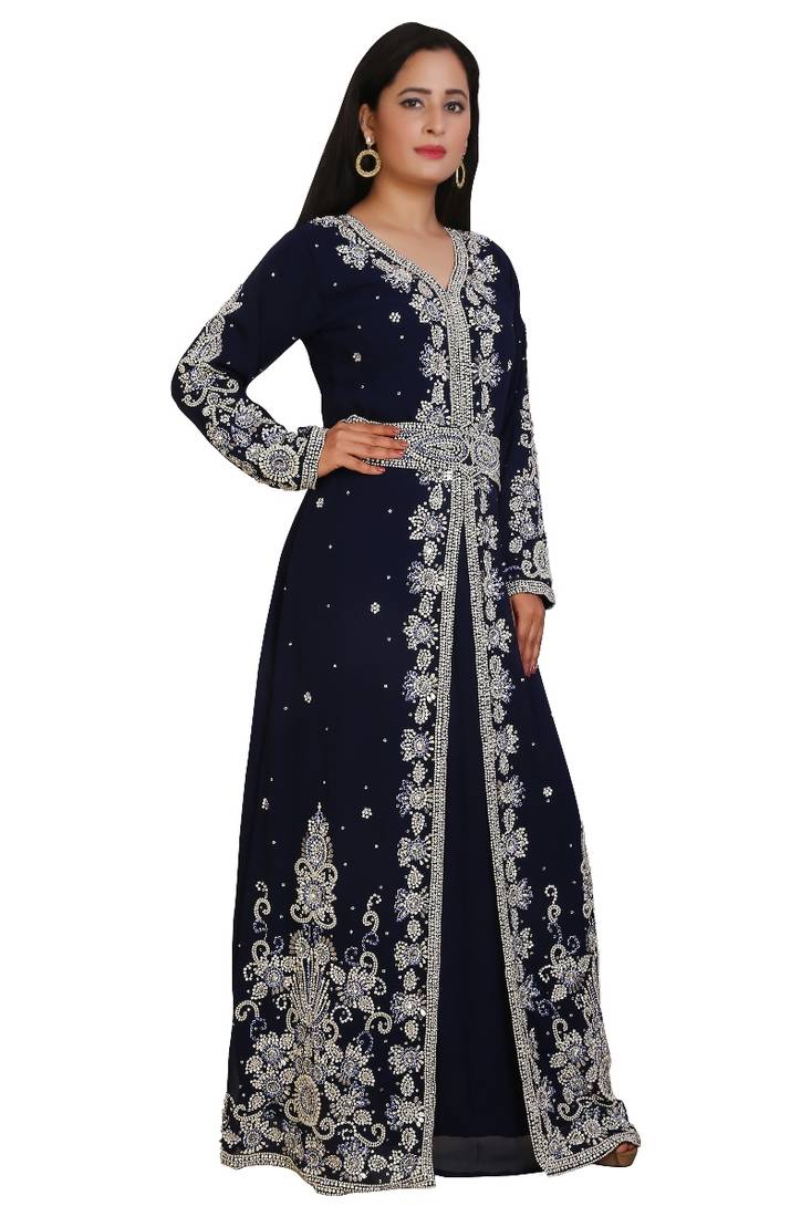 Navy Blue Georgette Embroidered Stone Work Islamic Kaftan
